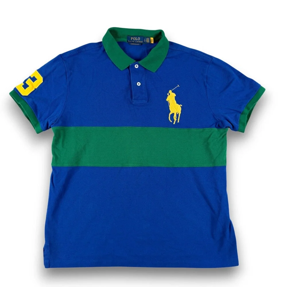 Polo Ralph Lauren Polo Shirt Mens L Blue Green Big Pony‎ Custom Slim Fit